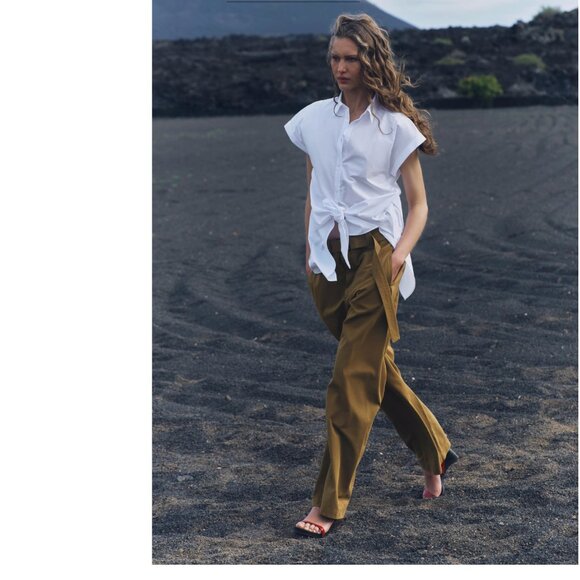 NWT ZARA ZW COLLECTION KAMARLI WIDE-LEG Pant Olive Green Large Bloggers Fave - Picture 2 of 13
